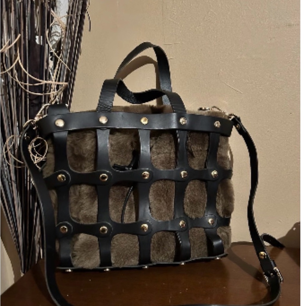Cuir Rose Lamb Real Fur Italian Leather Cage Basket Weave Satchel Handbag Tote